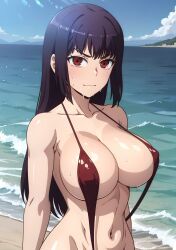 1girls ai_generated beach big_breasts busty cleavage female female_only hi_res large_breasts legs long_hair looking_at_viewer navel ocean please_don't_bully_me,_nagatoro president_(nagatoro) purple_hair red_eyes sana_sunomiya sling_bikini slingshot_swimsuit smile solo stable_diffusion subaruarm sweat thighs voluptuous water