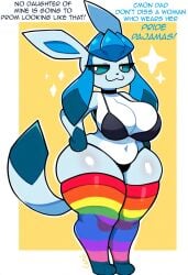 ai_generated anthro anthrofied big_breasts blue_body blue_eyes bra breasts choker cleavage clothed clothing eeveelution female generation_4_pokemon glaceon hellsonger hi_res legwear looking_at_viewer mammal navel nintendo panties pokemon pokemon_(species) pokemorph simple_background smile solo striped_clothing text thick_thighs thigh_highs underwear wide_hips