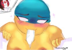 1boy 1girls blush breasts canada_(countryhumans) countryhumans countryhumans_girl female hyonuachan oral paizuri penis straight titfuck ukraine_(countryhumans) ukrainian_flag