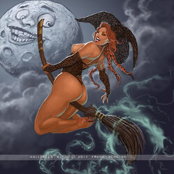 1girls arm_sleeves ass barefoot big_ass bottomless braid braided_hair breasts broom broom_riding calves crossed_legs fingerless_arm_sleeves fingerless_gloves flying frans_mensink freckles grinding lace-trimmed_corset lace-trimmed_gloves lipstick moon nail_polish pinup pose posing red_hair sideboob straight_hair witch witch_hat