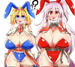 2girls ? alice_margatroid blonde_hair blue_bunnysuit blue_eyes breasts_bigger_than_head breath bunny_ears bunny_girl bunnysuit earrings hairband heart-shaped_pupils huge_breasts hypnosis hypnotic_accessory mind_control mother_and_daughter open_mouth red_bunnysuit red_eyes red_hairband rindou_(p41neko) shinki shinki_(touhou) silver_hair tongue tongue_out touhou touhou_(pc-98)