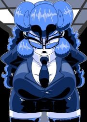 1girls almkornkid angry angry_at_viewer big_breasts black_eyebrows black_stockings blue_hair breasts em_(character) female glasses hands_on_hips looking_at_viewer office office_lady rectangular_glasses solo solo_female stockings thick_eyebrows thick_thighs thighhighs white-skinned_female white_skin