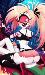 ai_generated blonde_hair cartoony cherri_bomb cherri_bomb_(hazbin_hotel) coral_pink_hair cyclops demon demon_girl devil_girl fangs female flame freckles gallade handjob hazbin_hotel heels juicy_butt looking_back male male/female male_pokemon masturbating multicolored_hair nintendo pale_skin pokemon pokemon_(species) pokephilia ponytail red_eyes sharp_teeth short_skirt sitting_on_person torn_clothes white_skin x_eyes