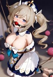 1girls ai_generated arms_behind_back ball_gag barbara_(genshin_impact) big_breasts blonde_hair blue_eyes blush bondage breasts cleavage gag genshin_impact on_knees pantyhose tears twintails white_legwear