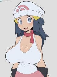 1girls bare_arms bare_shoulders big_breasts blue_eyes braless brown_hair clothed clothing color cooliehigh dawn_(pokemon) female female_focus female_only game_freak gloves hikari_(pokemon) human jpeg light-skinned_female light_skin long_hair nintendo no_bra pokemon pokemon_dppt pokemon_trainer solo solo_female sweat thick_thighs