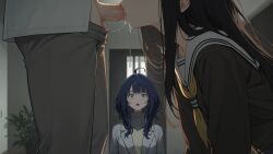 blowjob blue_eyes blue_hair brother_and_sister brown_hair caught caught_in_the_act cum cum_in_mouth erection fellatio incest make_heroine_ga_oo_sugiru! nukumizu_kaju nukumizu_kazuhiko open_mouth oral penis saliva scar schoolgirl shocked shocked_expression siblings sucking_penis surprised uncensored walk-in wide_eyed yanami_anna