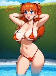 ai_generated areola arms_behind_head asuka_langley_sohryu big_breasts blue_eyes blue_sky bush candypinklips erect_nipples hairy_pussy hands_behind_head hanging_breasts large_breasts navel neon_genesis_evangelion open_mouth orange_bikini puffy_nipples red_orange_hair swimming_pool thick_hips thick_thighs tongue tongue_out upper_teeth_only water