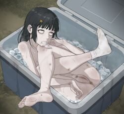 1girls black_hair censored censored_pussy corpse death female_death ice ice_box in_container scat snuff