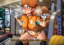 1boy 1girls accelart blue_eyes breasts brown_hair clothing comic dialogue duo eyelashes female gloves gym human human_on_human indoors legs lifting looking_at_viewer male male/female mammal mario_(series) mario_strikers mature mature_female mature_male mature_man mature_woman medium_hair nintendo orange_shirt orange_short princess princess_daisy royalty shirt short soccer_uniform surprised text tomboy