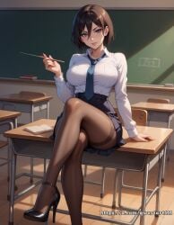 ai_generated arms_behind attack_on_titan black_hair black_heels black_pantyhose black_skirt blackboard blue_eyes blue_tie blush bob_cut classroom crossed_legs curvy day desk female fit fit_female hair_between_eyes heels highres hourglass_figure indoors large_breasts leaning leaning_back leaning_on_object lips looking_at_viewer mikasa_ackerman on_desk pantyhose pleated_skirt pointer qwertart school school_uniform schoolgirl sitting_on_desk slim smile solo sunlight tagme teeth tie white_shirt wide_hips