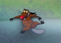 anthro ass balls beaver daggett_beaver johnofe male male_only mammal membrane_(anatomy) nickelodeon penis rodent sharp_teeth smile solo teeth the_angry_beavers water webbed_feet