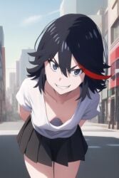 ai_generated baggy_clothing black_hair breasts cute kill_la_kill looking_at_viewer matoi_ryuuko public skirt smiling smiling_at_viewer smirking smirking_at_viewer thighs tits two_tone_hair