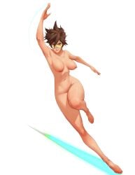 action_lines armpits athletic_female barefoot breasts brown_hair completely_nude completely_nude_female feet goggles navel nipples overwatch running short_hair smile thighs toes tomboy tracer