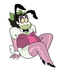 beetlebitties3 beetlejuice beetlejuice_(character) bunny_ears bunnysuit fat_man green_hair green_skin lingerie lingerie_only male male_only pinup_pose sharp_teeth thigh_highs thighhighs