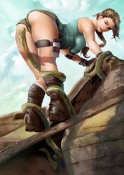 1girls ass athletic boots braid braided_hair breasts brown_eyes brown_hair chezarina clothing curvy female female_only femsub imminent_sex imminent_tentacle_sex lara_croft lara_croft_(classic) large_ass large_breasts legs legs_together tentacle tentacle_climbing_leg tentacle_on_female thick_thighs thigh_holster tomb_raider wedgie wide_hips