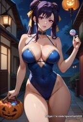 ai_generated akeno_himejima alley bare_thighs blue_dress candy candy_bag chun-li chun-li_(cosplay) cleavage cosplay curvy eyeshadow female fit fit_female hair_ribbon halloween halloween_costume high_school_dxd highres hourglass_figure large_breasts lollipop looking_at_viewer narrow_waist night outdoors pink_eyeshadow pumpkin purple_eyes purple_hair qwertart shiny_skin slim slim_waist solo street_fighter tagme wide_hips wristband