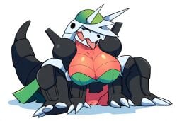 aggron ai_generated anthro anthrofied big_breasts blush breasts busty_feral clothing female generation_3_pokemon genitals hellsonger hi_res nintendo open_mouth pokemon pokemon_(species) pussy simple_background solo white_background