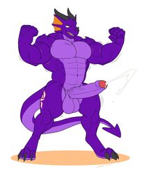 anthro balls big_penis bodily_fluids cum cumshot dragon ejaculation erection flexing genital_fluids hands-free hi_res horn humanoid_penis kenjin male male_only muscular muscular_male open_mouth orgasm penis smile solo standing uncut vein