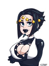 arms_under_breasts big_breasts black_lipstick blue_eyes breasts cleavage dark_hair magic_the_gathering piercings smile teysa_karlov