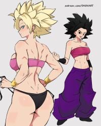 ass back_view big_ass bikini caulifla dashi_art dragon_ball dragon_ball_super large_ass looking_at_viewer multiple_views simple_background strong_woman super_saiyan tagme