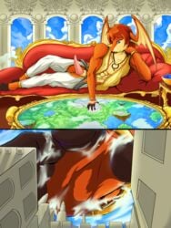 angelpatamon anthro bracelet city clothing deity demigod detailed_background digimon digimon_(species) digital_media_(artwork) feet head_wings hi_res jewelry macro magic male mammal managing muscular necklace patamon paws penis portal sky sofa son2j vercursar wings world