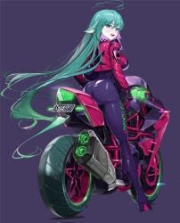 biker_clothes bodysuit clothed dat_ass green_hair huge_ass huge_breasts looking_at_viewer thick_thighs