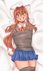 2d arms_behind_back bodypillow bondage doki_doki_literature_club duct_tape human human_only light-skinned_female light_skin looking_at_viewer monika_(doki_doki_literature_club) nervous_smile on_bed self_upload shy smiling_at_viewer teeth_showing thighs video_game_character wafflesbun