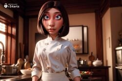 1girls ai_generated apron artist_name blue_eyes blurry blurry_background bowl breasts brown_hair buttons chef colette_tatou depth_of_field disney double-breasted earrings food hi_res indoors jewelry kitchen lips looking_at_viewer parted_lips pixar r34arts ratatouille short_hair sleeves_rolled_up solo upper_body wide-eyed window