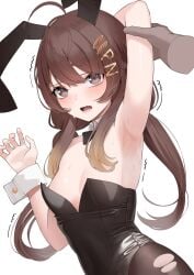 1girls ahoge arm_behind_head arm_grab armpit bare_armpit brown_eyes brown_hair bunny_ears bunnysuit detached_collar detached_sleeves disembodied_hand exposed_armpit grabbing grabbing_arm hair_over_shoulder hair_over_shoulders hi_res highres indie_virtual_youtuber light_blush looking_at_viewer one_arm_behind_head one_arm_up pan_the_bread ripped_pantyhose scared small_breasts sweat sweating sweaty sweaty_armpit trembling twintails vaughnilla virtual_youtuber white_background