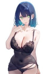 ai_generated bare_arms bare_legs bare_shoulders bare_thighs belly_button_visible_through_clothing big_breasts black_bra black_panties blue_eyes blue_hair blush bra breasts camisole cleavage collarbone kurokawa_akane lace-trimmed_bra lace-trimmed_panties oshi_no_ko panties setsuaiart shiny_skin short_hair smile star-shaped_pupils thighs tongue tongue_out underwear