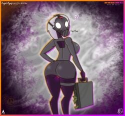 2d 2d_(artwork) agonywelds angelsagony ass breasts chaos_director_(fortnite) exclamation_point female fortnite fortnite:_battle_royale gas_mask glowing_eyes glowing_genitalia holding_object ink looking_at_viewer mask masked masked_female miniskirt panties presenting presenting_hindquarters question_mark sideboob skirt thick_ass thick_thighs thighs underwear upskirt wide_hips