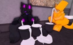 ambiguous_gender anthro breasts buck_(kaiju_paradise) bucket catte_(kaiju_paradise) drink drinking drinking_milk drinking_straw female furry horns kaiju_paradise lactating looking_pleasured milk milking purple_nipples ravenuwu roblox self_upload