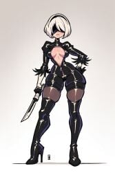 ai_generated blindfold cleavage heel_boots heels knife latex massive_breasts nier:_automata saucy_trove stable_diffusion tagme unzipped white_hair yorha_2b