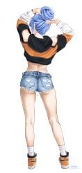 1girls ass ass_focus back_view blue_hair bun_hair chaesu jeans legs minah minishorts original_character side_ass simple_background tagme white_background