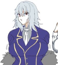 ascot blue_coat boots bouncing_breasts breasts clothed coat doodle drawpile frown fur_trim genderswap_(mtf) hair_between_eyes huge_breasts large_breasts looking_at_viewer maharirisu7318 medium_hair melty_blood motion_lines presenting_breasts rule_63 simple_background sketch tsukihime tsukihime_(remake) type-moon vampire vampire_girl vlov_arkhangel white_ascot white_hair