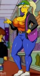 1girls alviriaart ass big_ass big_breasts blonde_hair breasts busty female female_focus female_only gavin's_mom hat huge_breasts jacket jeans large_breasts milf mother nipple_bulge pants ponytail purse shirt shoes single_mom sunglasses sunglasses_on_head the_simpsons thick_thighs voluptuous_female wide_hips