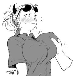 arms_behind_back bandana big_breasts black_horns blush breast_grab breasts collared_shirt covered_erect_nipples dated demon_girl disembodied_hand ear_blush eyewear_on_head female folded_ponytail grabbing_another's_breast greyscale groping groping_breasts helltaker horns hug huge_breasts justice_(helltaker) monochrome nose_blush shirt short_hair short_sleeves solo_focus sunglasses tsukudani_(coke-buta) unaligned_breasts