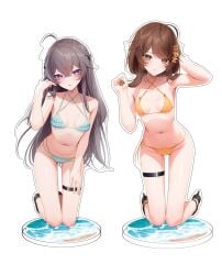 2girls acrylic_stand ahoge alien_girl antennae bare_legs bare_shoulders belly_button bikini braid braided_hair brown_eyes brown_hair dark_purple_hair duo duo_female exposed_shoulders exposed_torso frilled_bikini frilled_bra hair_accessory hair_ornament hairclip heels hi_res high_heels highres hoshino_spica indie_virtual_youtuber kneeling legs light_blue_bikini light_blush looking_at_viewer navel pan_the_bread purple_eyes small_breasts swimsuit swimwear thigh_squish thigh_strap tummy vaughnilla virtual_youtuber white_background