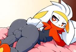 ai_generated anthro ass backsack balls bed clothing fur furniture generation_8_pokemon genitals hellsonger hi_res lagomorph looking_at_viewer looking_back lying male male_only mammal nintendo on_bed on_front penis pillow pokemon pokemon_(species) raboot solo white_body white_fur