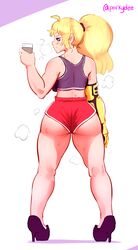 ass booty_shorts deee female heels prosthetic prosthetic_arm robotic_arm rwby shorts sideboob smartphone sports_bra steam sweat top wedgie yang_xiao_long