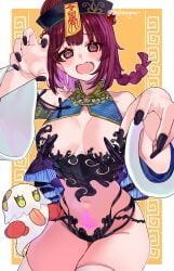 1girls @_@ alternate_costume atelier_(series) atelier_sophie bare_thighs black_hat black_nails braid braided_ponytail breasts chinese_clothes claw_pose cleavage female female female_only fingernails ghost hat highres jiangshi looking_at_viewer medium_breasts navel ofuda open_mouth pubic_tattoo purple_eyes purple_hair ryuuno6 solo sophie_neuenmuller tattoo thighhighs thighs white_thighhighs