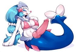 ai_generated animal_genitalia animal_penis anthro balls big_breasts big_penis blue_eyes blue_hair blush bodily_fluids breast_rest breasts busty_feral closed_eyes clothed clothing cum ejaculation erection futanari generation_7_pokemon genital_fluids genitals gynomorph hair hellsonger hi_res huge_breasts humanoid_genitalia humanoid_penis intersex long_hair lying mammal marine nintendo nipples nude on_front open_mouth penis pinniped pokemon pokemon_(species) primarina simple_background smile solo sweat text vein white_background white_body