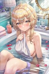 absurd_res ai_generated bath bathroom blush breasts flower genshin_impact half_naked lumine_(genshin_impact) ministro no_panties shy water wet