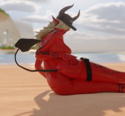 anus ass ass_focus beach big_ass breasts completely_nude completely_nude_female demon demon_girl demon_horns demon_tail desdemona_(fortnite) female female_only fortnite hair_over_one_eye hand_on_ass hat hat_only kfc_(artist) laying_down laying_on_ground laying_on_side leg_band looking_back looking_back_at_viewer nude nude_female oil oily oily_skin open_mouth open_mouth public public_nudity pussy shiny shiny_skin solo solo_female tattoo tattoos