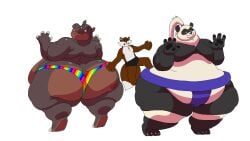 3boys 3male animated anthro ass ass-to-ass ass_bump ass_to_ass belly between_ass between_butts black_fur brown_eyes brown_fur butt_bump fat fox furry hippo hippopotamid hippopotamus hips julian_(kazecat) kazecat large_ass makuyama_(kazecat) male male_focus male_only overweight overweight_male panda rainbow_thong stomach sumo sumo_wrestler thick_thighs thighs thong ursid ursid_humanoid ursine white_fur white_hair wide_hips