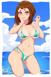 1girls big_breasts bikini bikini_bottom bikini_top blush bottomwear breasts brown_eyes brown_hair cleavage female_only green_bikini hair hips hito_clover huge_breasts mole mole_on_thigh my_hero_academia ochako_uraraka short_hair solo solo_female swimwear thighs topwear water wide_hips