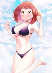 armpits ass_visible_through_thighs bare_arms bare_belly bare_legs bare_shoulders bare_thighs barefoot belly_button big_breasts bikini black_bikini blush breasts brown_eyes brown_hair cleavage collarbone feet my_hero_academia ochako_uraraka outdoors parted_lips sabi1234 short_hair sideboob surprised thighs toes underboob