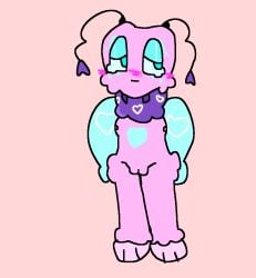 2d 2d_(artwork) 2d_artwork antennae antennae_(anatomy) anthro anthro_only anxious blue_nipples blush blush_crunch_studios blush_lines butterfly cartoony dandy's_world eyelashes flutter_(dandy's_world) looking_away neck_tuft nervous_expression nervous_face pink_body pink_fur purple_fur red_background roblox visible_nipples visible_pussy wolfkat