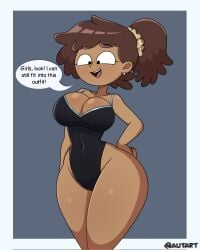 1girls aged_up amphibia amphibia_(finale) anne_boonchuy artist_name asian_female autart bare_shoulders big_breasts blush brown_hair cleavage clothed dark-skinned_female dark_skin disney disney_channel english_text female female_only highleg_swimsuit huge_breasts human revealing_clothes sideass solo speech_bubble swimsuit thai thick_thighs voluptuous voluptuous_female wide_hips