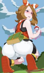 1girls ariel_lopez ass bag belt big_ass blue_eyes brown_hair cameltoe human human_only may_(pokemon) may_(pokemon_oras) outdoors pokemon pokemon_oras shorts squatting